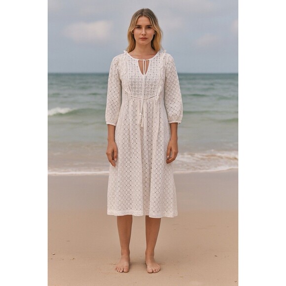 Anthropologie Thames Dress White Eyelet Cotton Womens 4 3/4 Sleeve Mini Boho - Picture 1 of 10